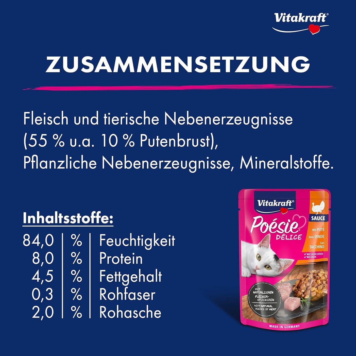 Vitakraft Poésie Délice, våd kattefoder, kattefoder i sauce, med kalkun, bulkpakning, uden tilsat sukker eller korn (23 x 85g)