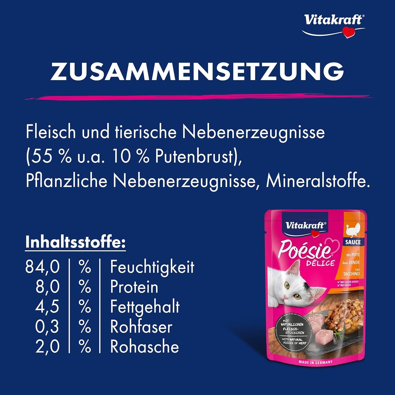 Vitakraft Poésie Délice, våd kattefoder, kattefoder i sauce, med kalkun, bulkpakning, uden tilsat sukker eller korn (23 x 85g)