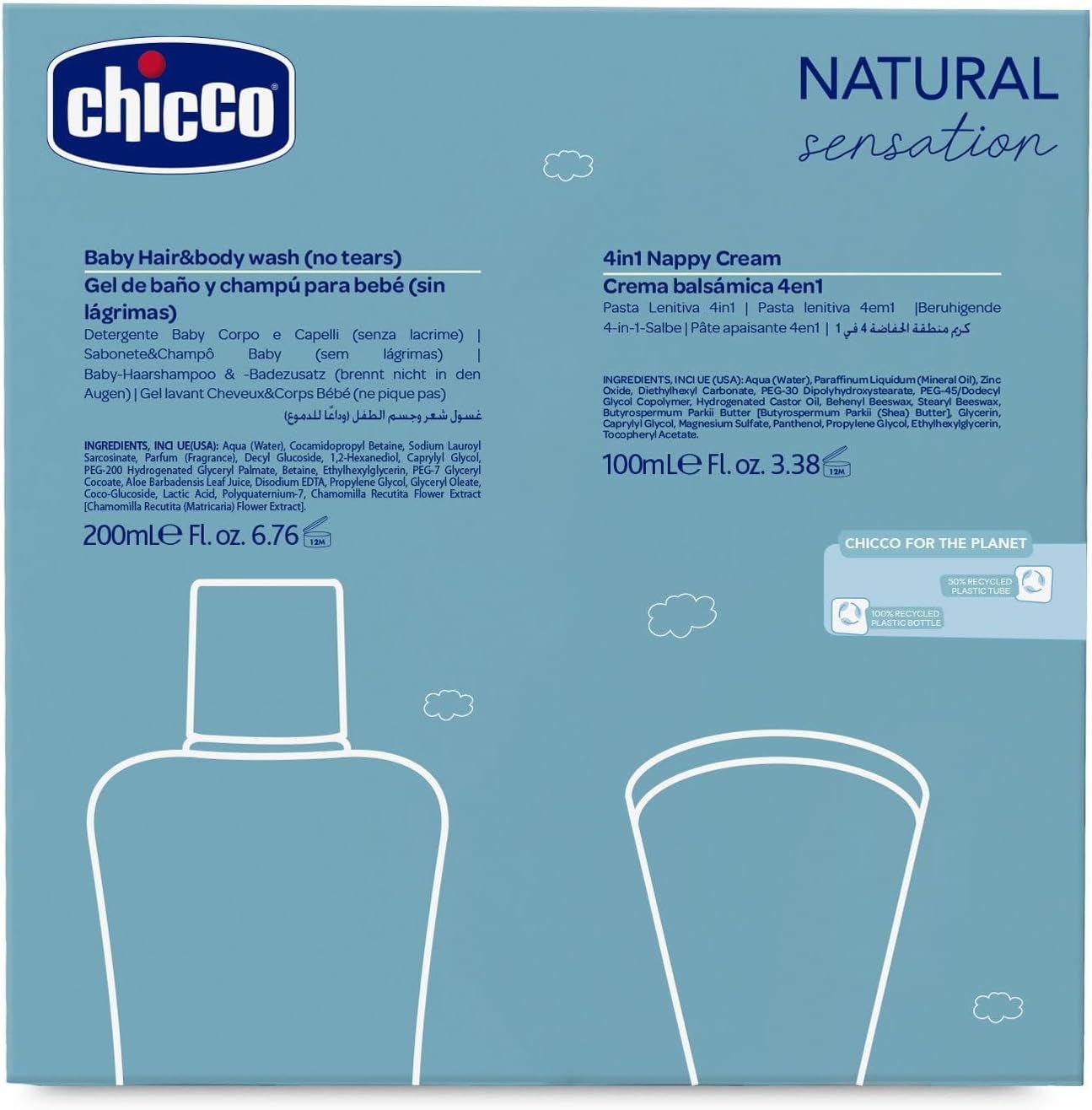 CHICCO NATURAL SENSATION - SÆT 2: 1 SHAMPOO OG BAD - IKKE-TØRRENDE 200 ML, 1 4I 1 CHANGE CREAM 100 ML Børn - Bad og hudpleje Naty Shop