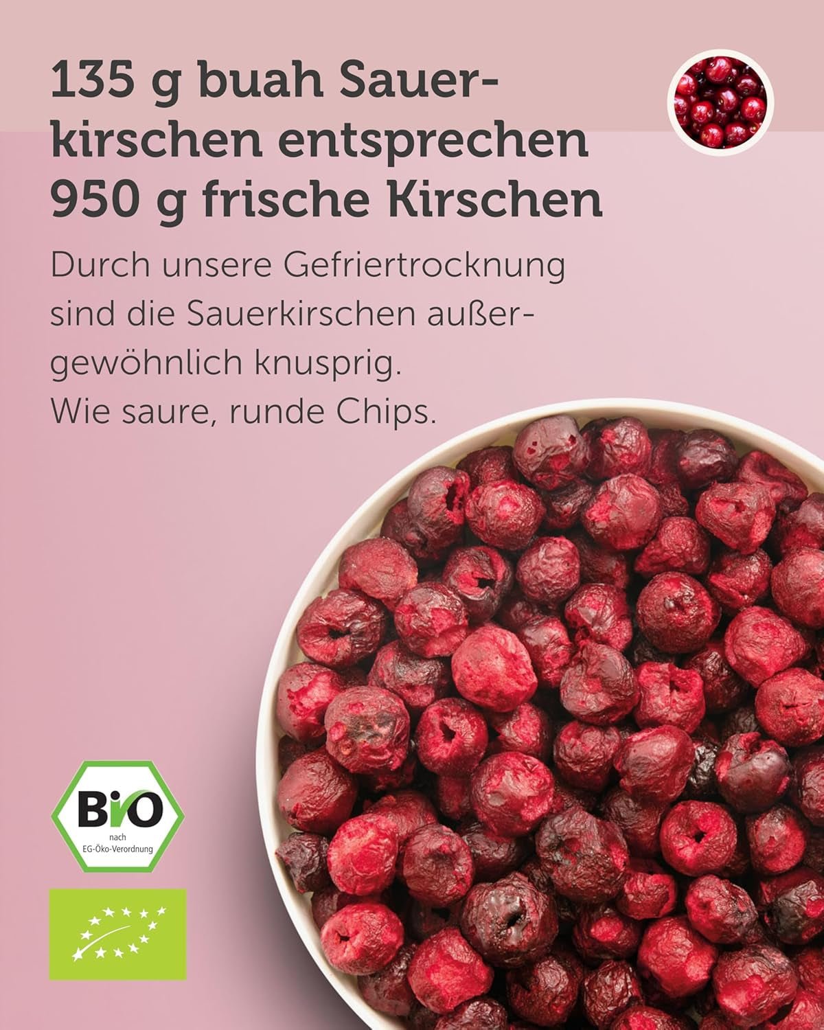 Frysetørrede bitre kirsebær BUAH® | Hele bitre kirsebær som snack eller til mysli | Ideel erstatning for slik | Vegansk og uden tilsat sukker | 135 g Naty Shop dehydrerede produkter