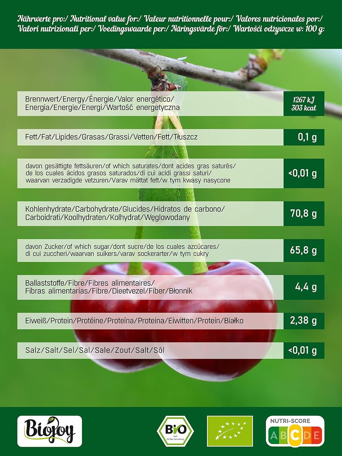 Biojoy økologiske tørrede søde kirsebær (500 g), udstenede og svovlfri Dehydrerede produkter Naty Shop