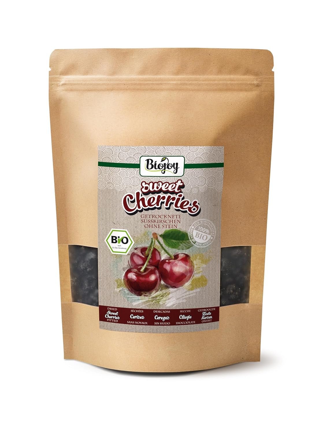 Biojoy økologiske tørrede søde kirsebær (500 g), udstenede og svovlfrie Naty Shop dehydrerede produkter 500 G (1 pakke)