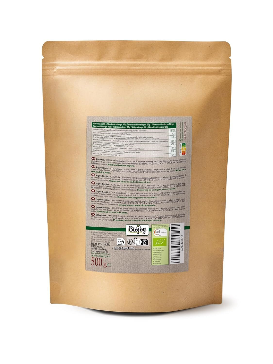 Biojoy økologiske tørrede søde kirsebær (500 g), udstenede og svovlfri Dehydrerede produkter Naty Shop