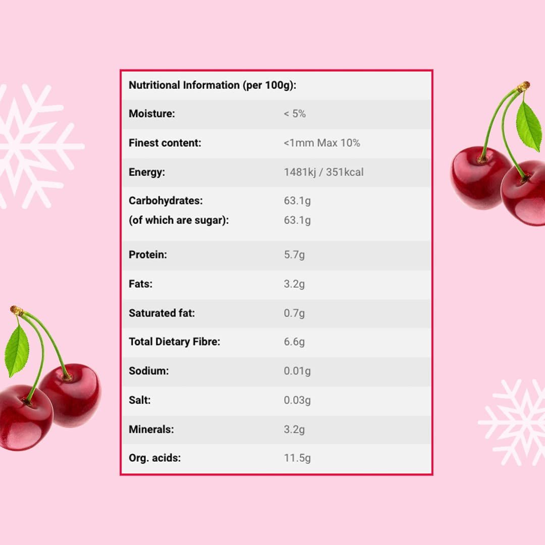 Frysetørrede kirsebær 100g - Frysetørrede bitre kirsebær - Frysetørrede tørrede frugter - Skivede tørrede bitre kirsebær - Perfekt til bagning, dekoration, müsli og desserter Tørrede produkter Naty Shop