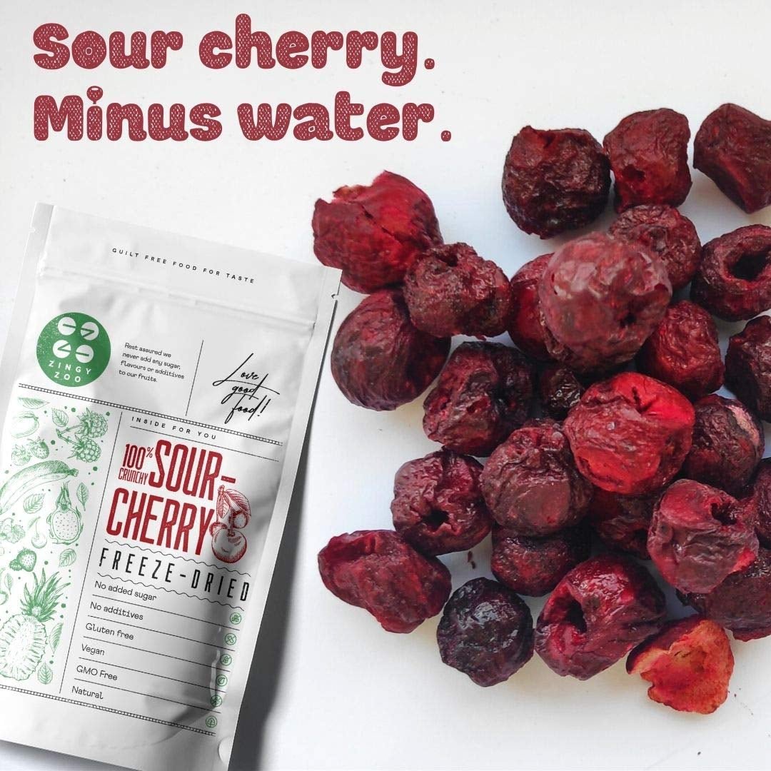 Freeze-dried cherries | Dried sour cherries | Frysetørrede frugter | Frysetørret tørret frugt | Frysetørrede frugter Tørrede kirsebær | Pels Smoothie Frysetørret frugt (90g) Dehydrerede produkter Naty Shop