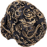 Renæssancekranie, 19 cm, harpiks, sort og guld, guldbarokmønster, sort kraniedekoration, gotisk dekoration, støbt i fineste syntetisk harpiks, håndmalet af eksperter Statuetter og skulpturer Naty Shop