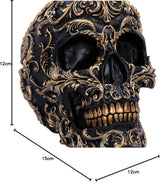 Renæssancekranie, 19 cm, harpiks, sort og guld, guldbarokmønster, sort kraniedekoration, gotisk dekoration, støbt i fineste syntetisk harpiks, håndmalet af eksperter Statuetter og skulpturer Naty Shop