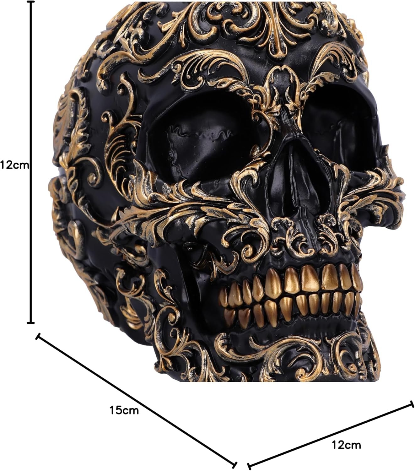 Renæssancekranie, 19 cm, harpiks, sort og guld, guldbarokmønster, sort kraniedekoration, gotisk dekoration, støbt i fineste syntetisk harpiks, håndmalet af eksperter Statuetter og skulpturer Naty Shop