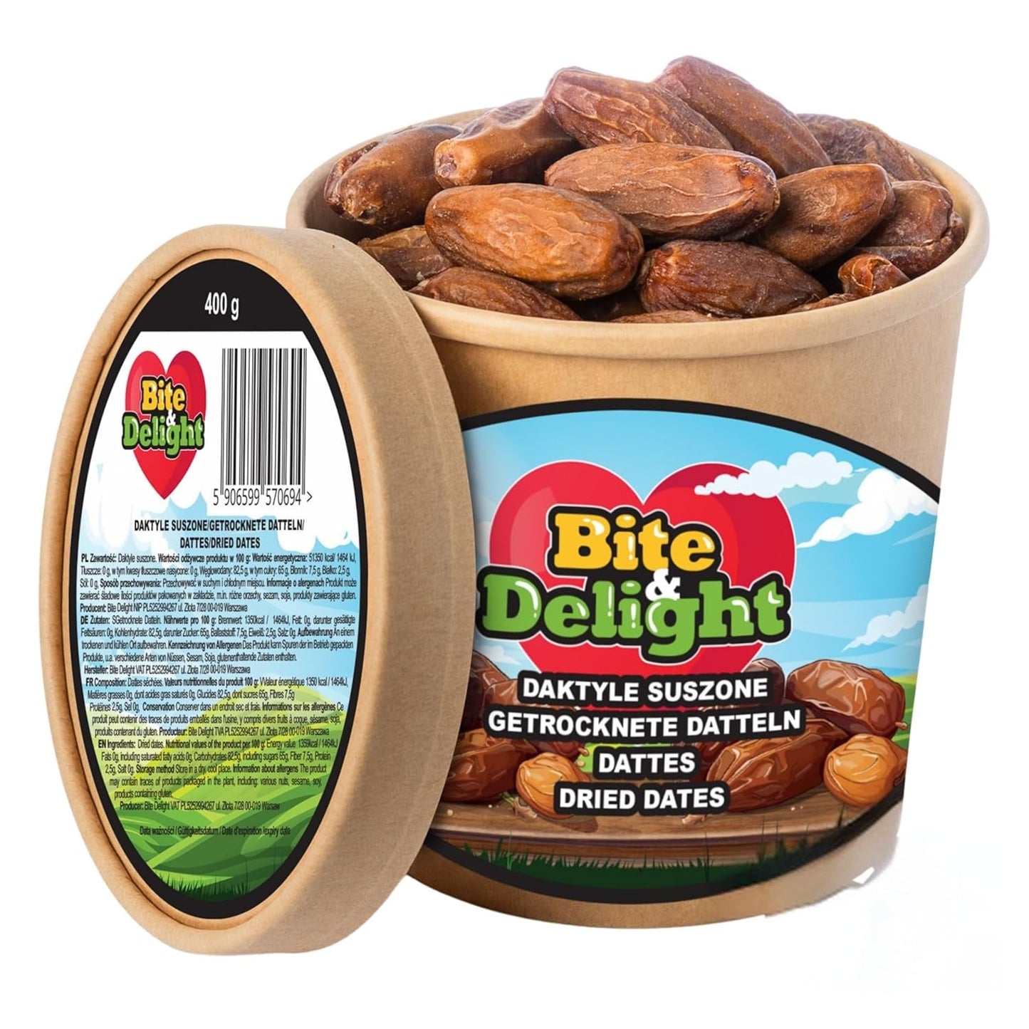 Bite & Delight tørrede dadler - Hele, tørrede og naturlige - Aromatiske slik - Lækkert og saftigt - Spiseklar frugtsnack - Vegansk - Uden tilsat sukker - 1250g Naty Shop dehydrerede produkter 750 Ml