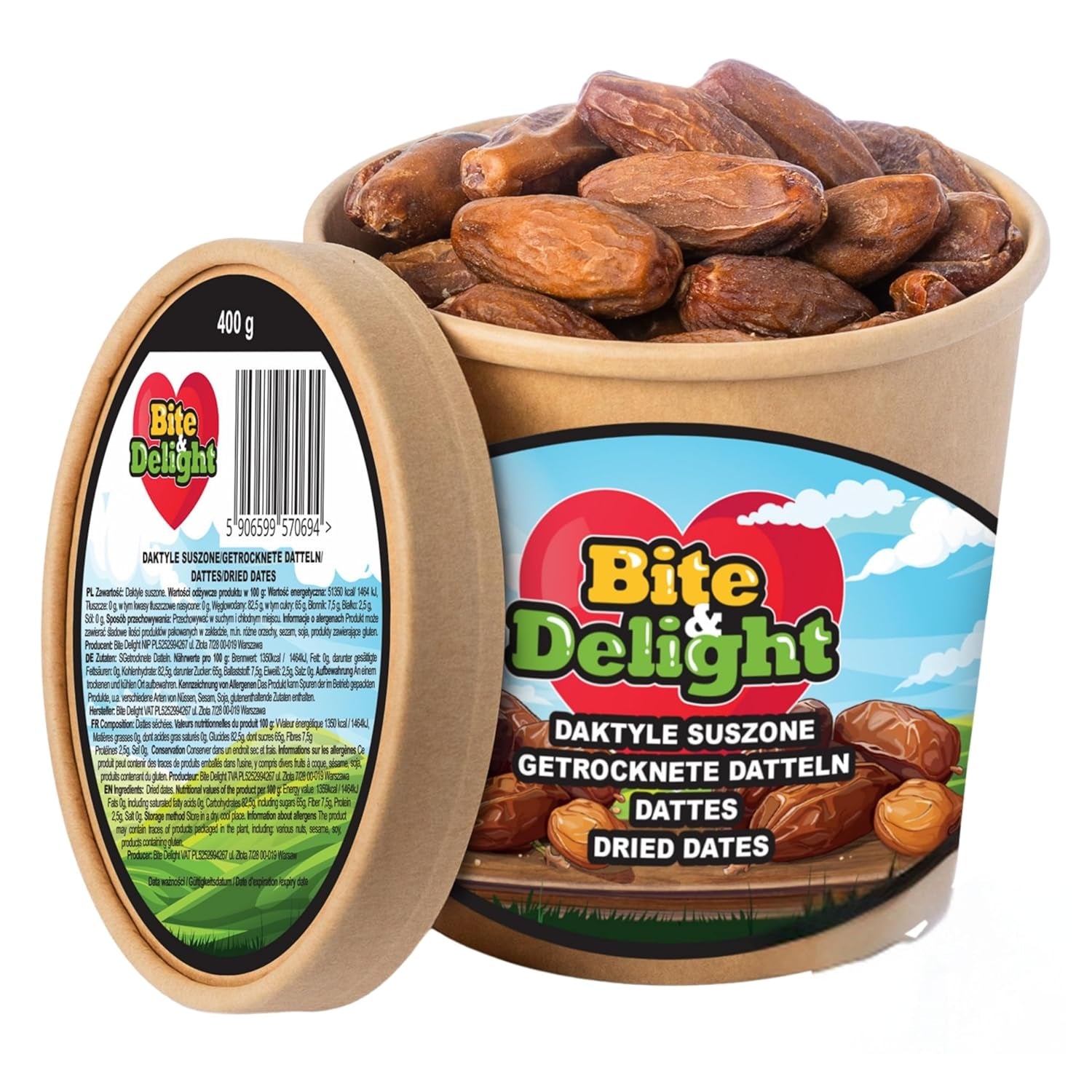 Bite & Delight tørrede dadler - Hele, tørrede og naturlige - Aromatiske slik - Lækkert og saftigt - Spiseklar frugtsnack - Vegansk - Uden tilsat sukker - 1250g Naty Shop dehydrerede produkter 750 Ml