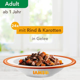 IAMS Delights våd kattefoder med saftigt oksekød og gelégulerødder - komplet vådfoder til voksne katte, 24 poser x 85 g