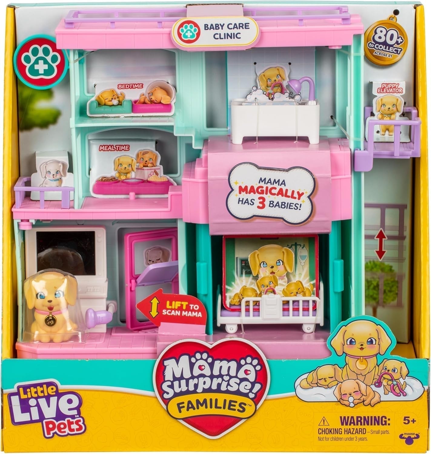 Little Live Pets Mama Surprise Families Baby Clinic Legesæt, 3 Retriever-hvalpe inkluderet, Magic, Dobbeltsidet Legesæt (27,8 cm B, 23,8 cm H). Fodring, badning og leg Børnegave Actionfigurer Naty Shop Standardtitel