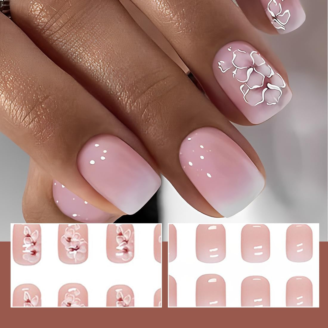 24 stk hvid firkantet lim på korte negle Pink gradient blomstermønster Tryk på negle Kunstige negle kunstige negle kunst franske firkantede negle kunstige negle til kvinder