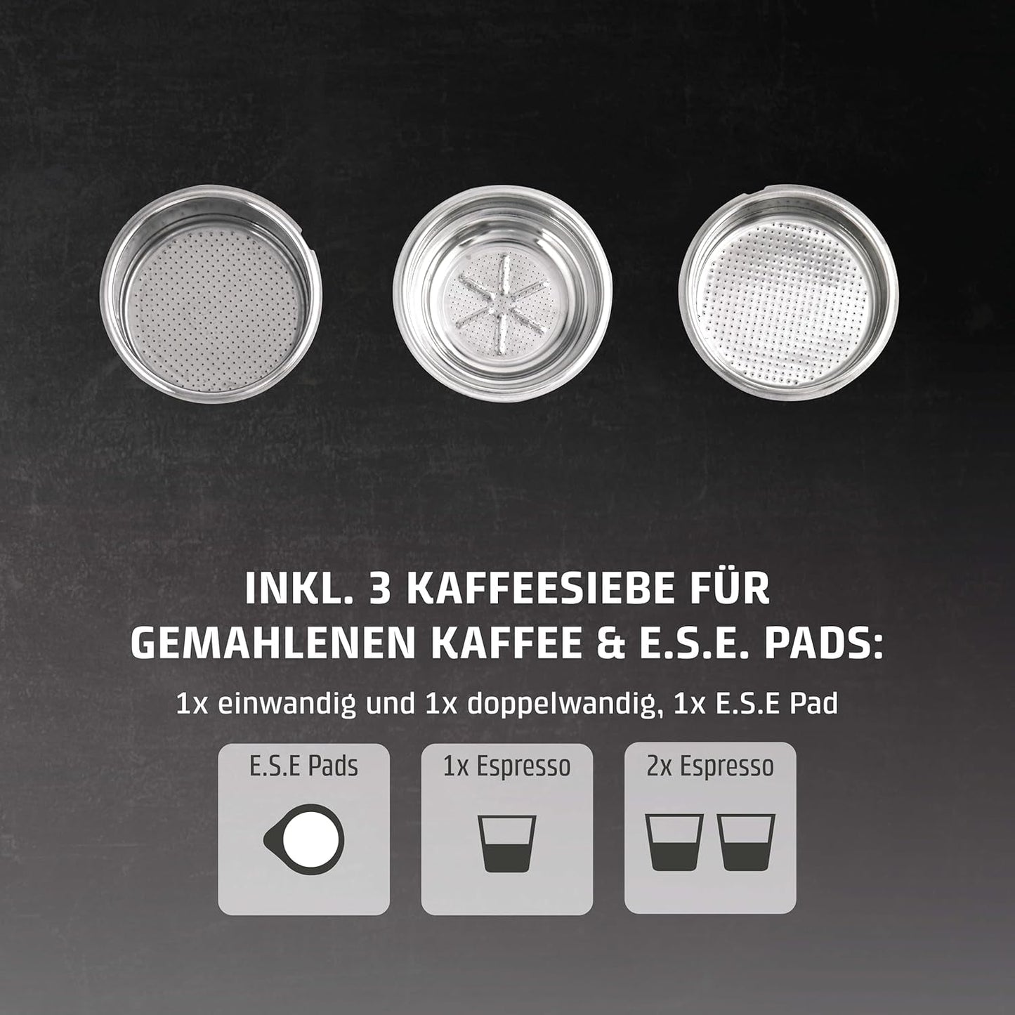 Caso Espresso Gourmet - Portafilter espressomaskine i rustfrit stål, kraftfuld 19 bar Ulka-pumpe, med mælkeskummer, til malet kaffe eller ESE-kaffekapsler, til 2 kopper, med kopvarmer