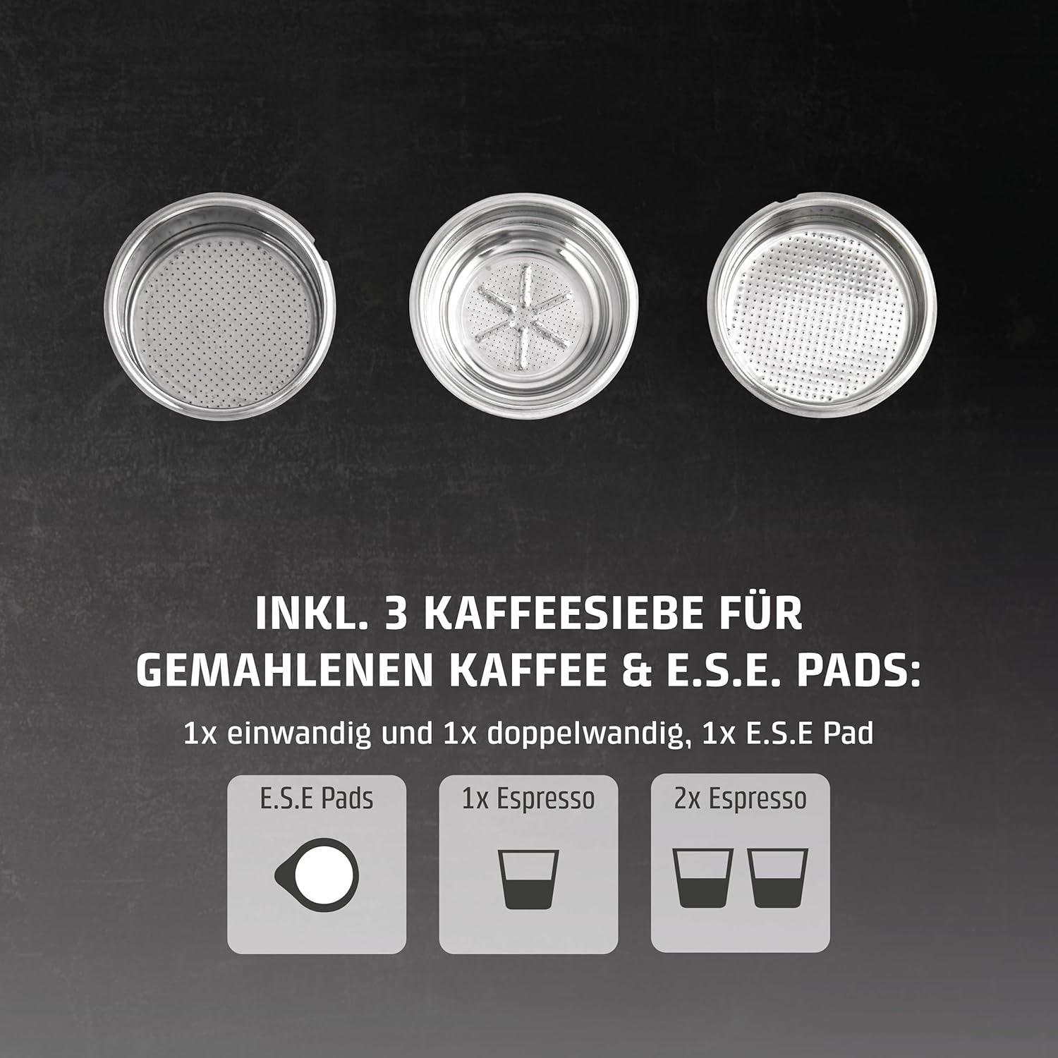 Caso Espresso Gourmet - Portafilter espressomaskine i rustfrit stål, kraftfuld 19 bar Ulka-pumpe, med mælkeskummer, til malet kaffe eller ESE-kaffekapsler, til 2 kopper, med kopvarmer
