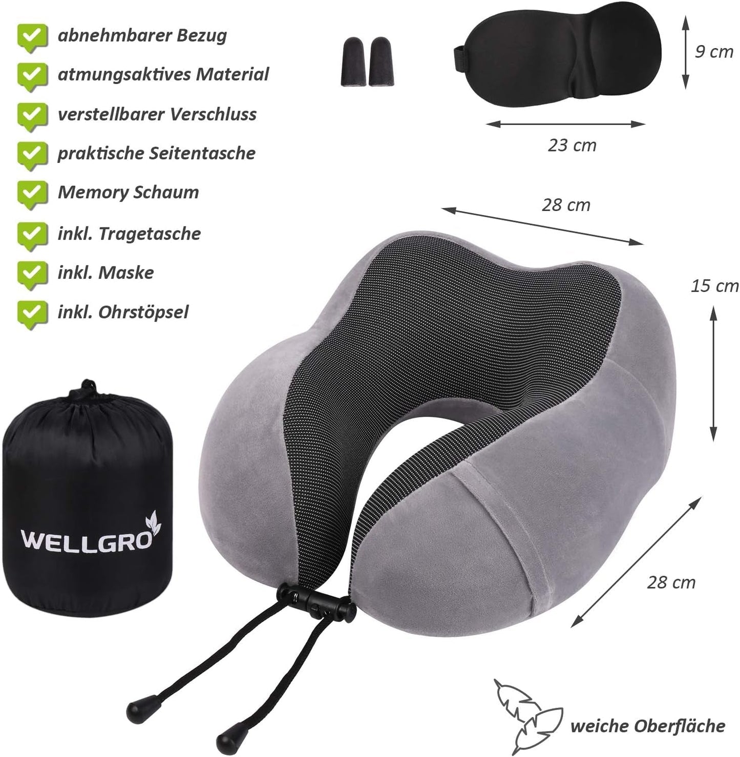 WELLGRO Nakkepudesæt med 3D-søvnmaske og ørepropper - Aftageligt betræk - Memory Foam - Lynlåslukning - Inklusiv opbevaringstaske - Rejsepude - Farvevalgbar, Farve:Grå Cervikal ortopædiske puder Naty Shop