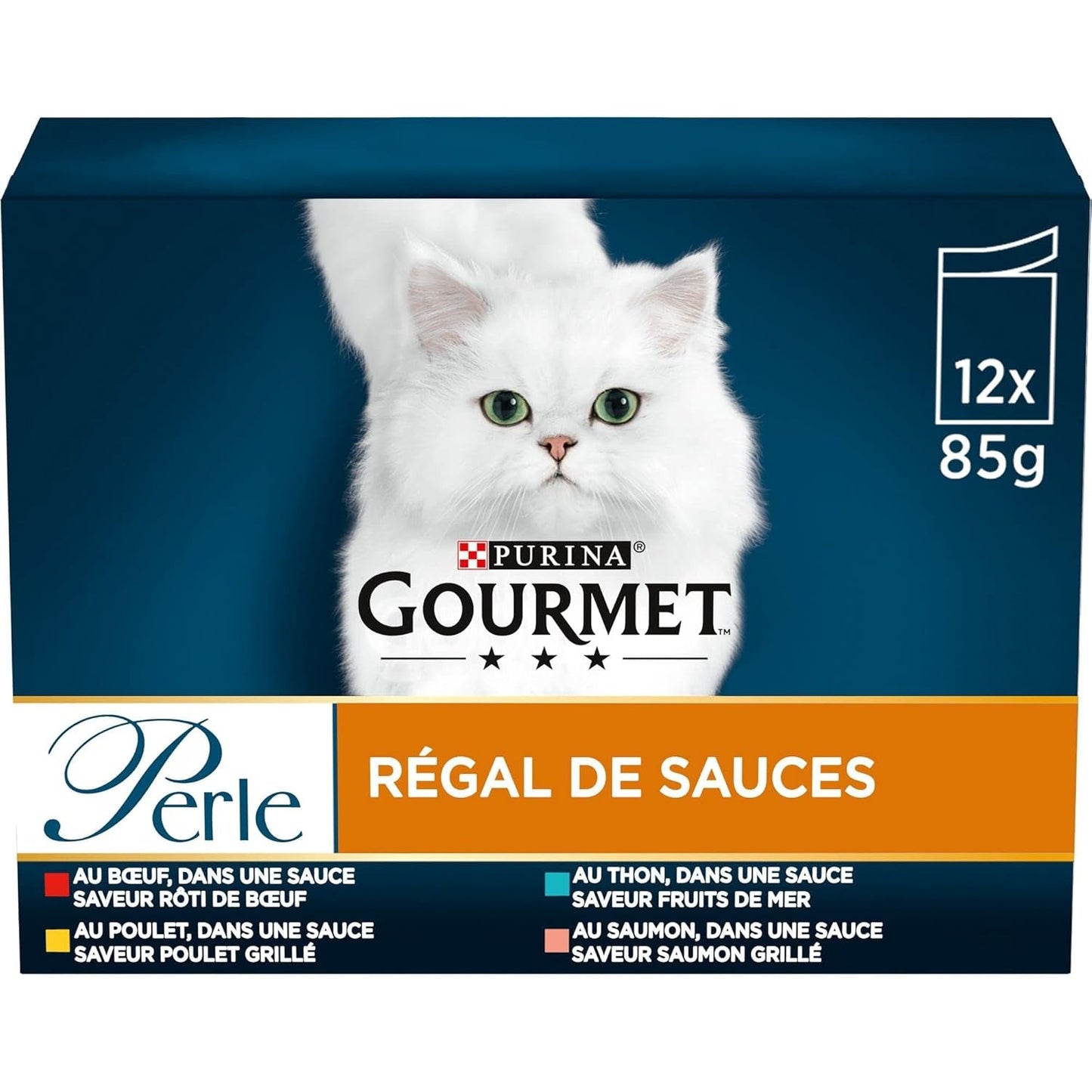 Perle | Sauceholder | Voksen kat | Oksekød, kylling, tun, laks | 12 x 85g | Friskhedsposer (emballagen kan variere)