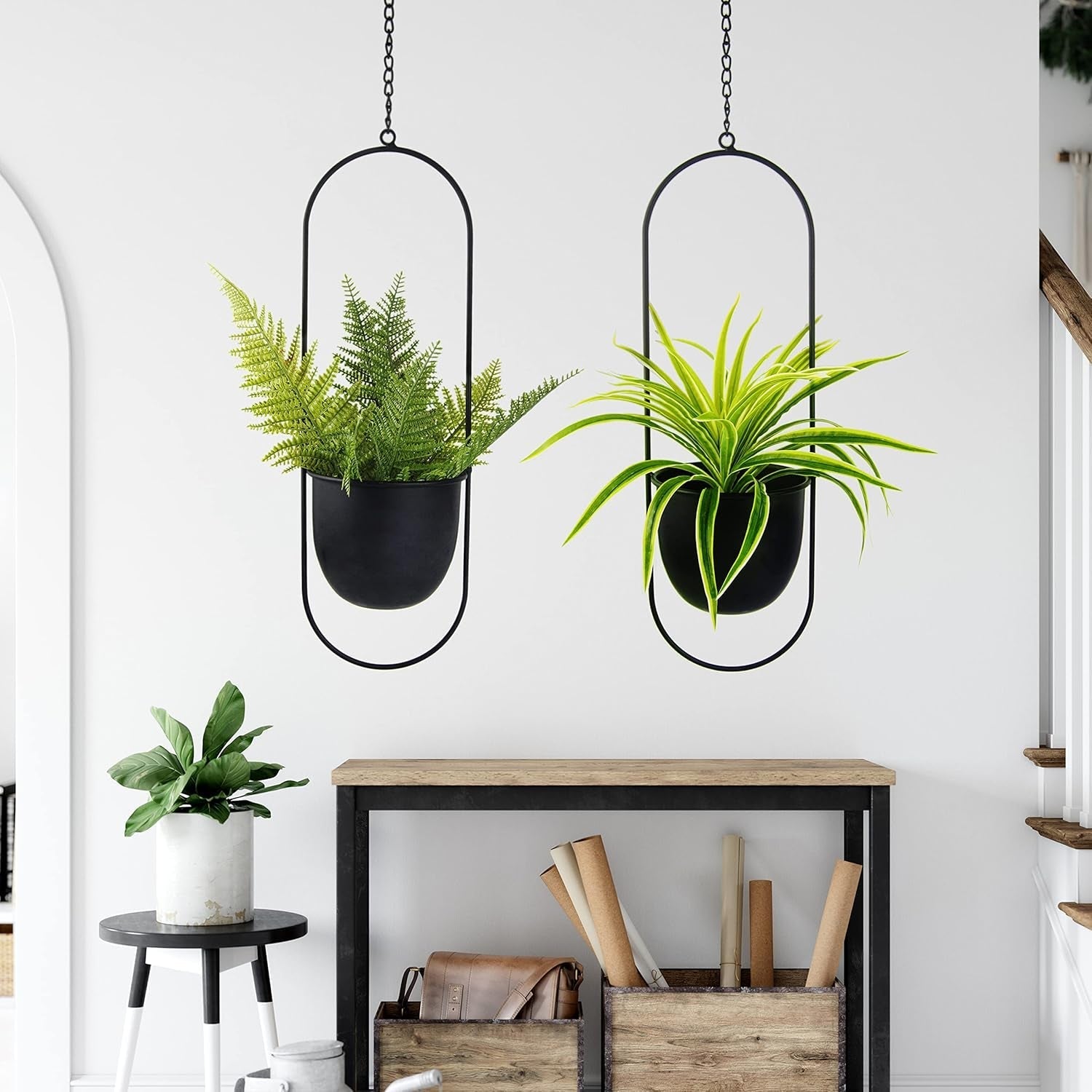Hængende metal urtepotter 2 stk Sort oval geometrisk planteophæng med krukker Moderne væg- og loftskrukker Indendørs Udendørs 15,2 cm urtepotter 2 stk.
