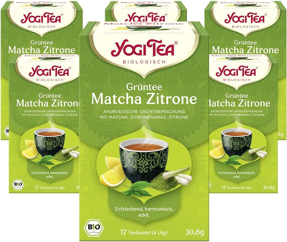 Yogi te - Matcha grøn te med citron, økologisk urte-ayurvedisk grøn te, blanding af grøn te, Matcha, citrongræs og lime, Yogi te 6-pak, 6x17 teposer (i alt 102 teposer)