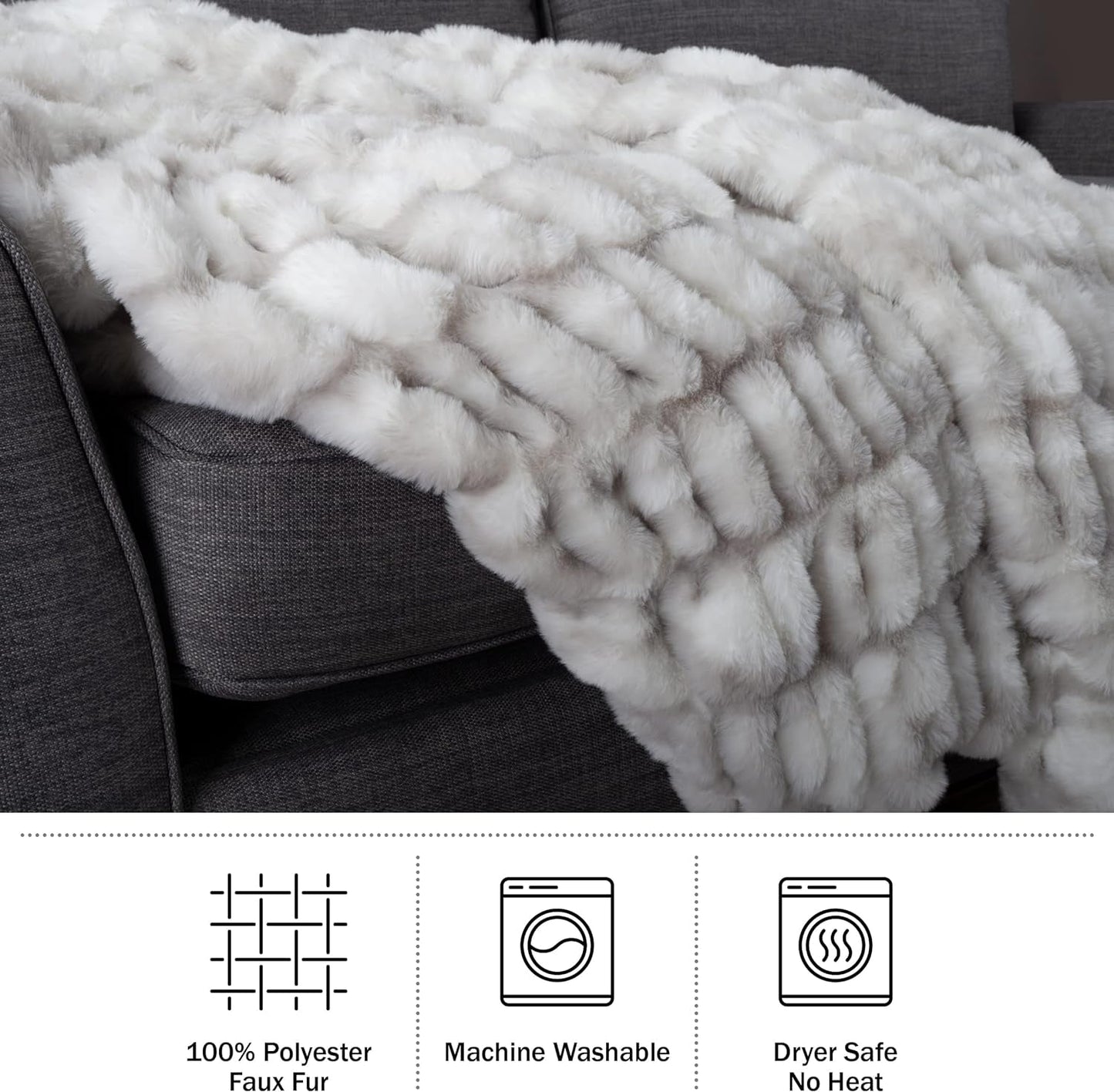 Lavish Home Oversized Gerüschte imiteret pelstæppe, 152,4 X 203,2 cm, Jacquard imiteret pels, queensize-tæppe til senge og sofaer, Grå senge og tæpper Lavish Home