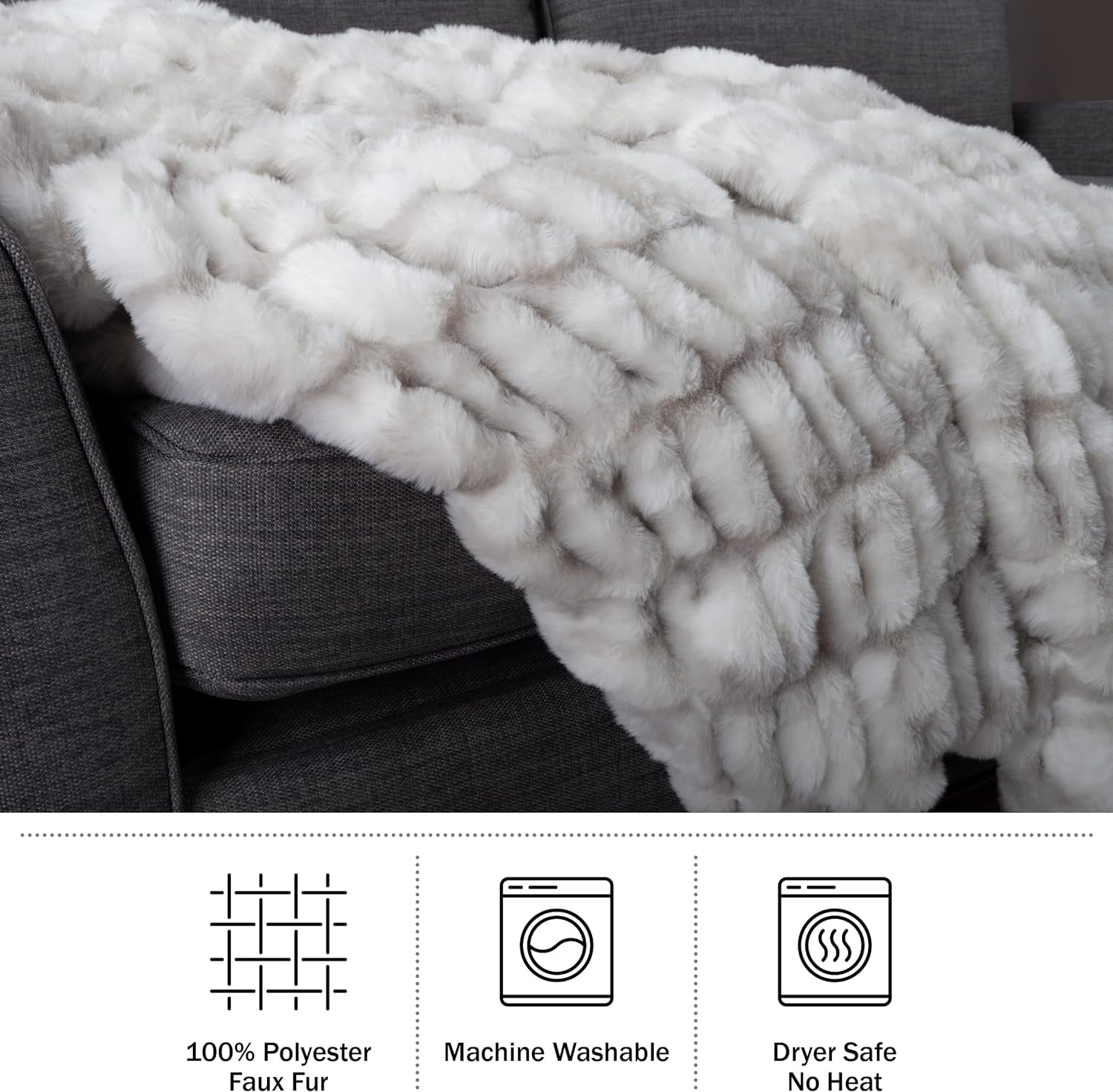 Lavish Home Oversized Gerüschte imiteret pelstæppe, 152,4 X 203,2 cm, Jacquard imiteret pels, queensize-tæppe til senge og sofaer, Grå senge og tæpper Lavish Home