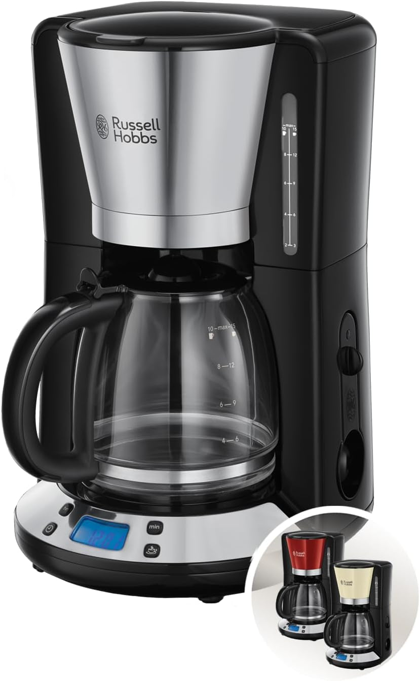 Russell Hobbs kaffemaskine [Digital timer, brusehoved for optimal udsugning og aroma] Farver+ Creme (1 til 10 kopper, 1,25 L glaskaraffel, varmeplade, 1100W) Filterkaffemaskine 24033-56