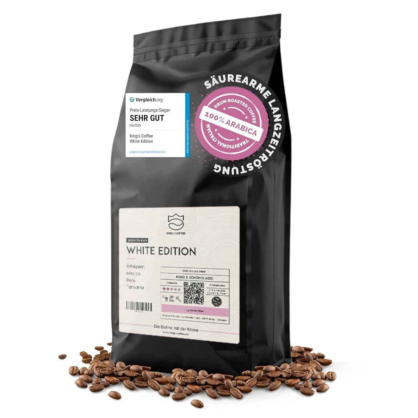 KING'S COFFEE - WHITE EDITION - let blanding 100% Arabica fra Etiopien, Mexico, Peru og Tanzania - lille batch-ristning i Italien - hele espressobønner til portafiltermaskiner - 1 kg