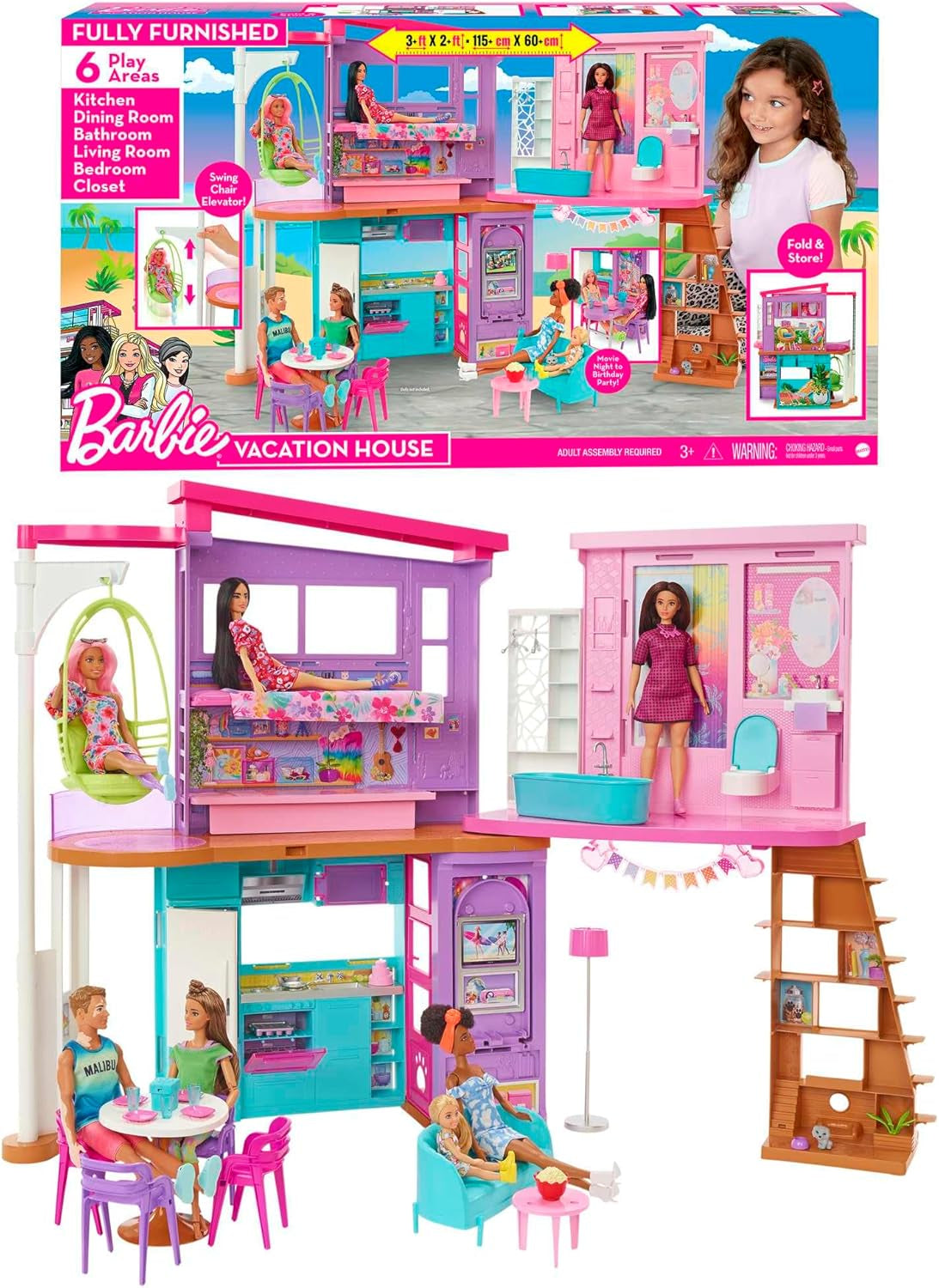 Barbie-feriehus (116 x 77,9 cm), 6-personers legehus, fuldt møbleret med tilbehør, møbler og elevator, foldbar og opbevaring, dukke, gave til børn fra 3 år og opefter, HCD50