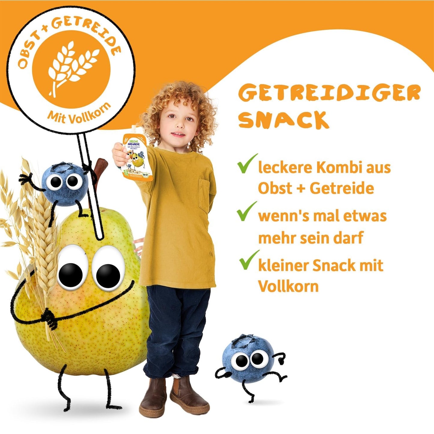 FRECHE FREUNDE Økologisk frugtpose Banan, æble, hindbær, blåbær med havre, frugtpuré med korn i en pose, der kan presses til babyer fra 6 måneder, vegansk, pakke med 6 (6 x 100 g)