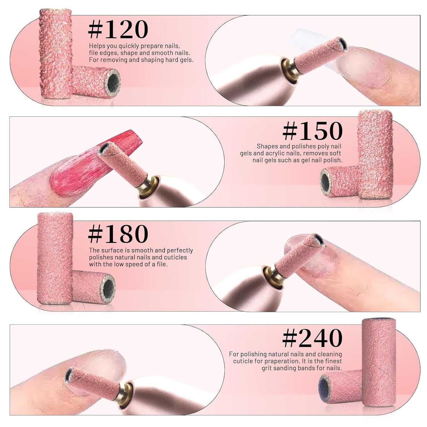 BLESWIN 100 stk. Små slibebånd til neglebor, fin korn 240 med 2 stk 3 mm bor, mini slibebånd til polering af naturlige negle og rengøringsneglebånd til præp, pink