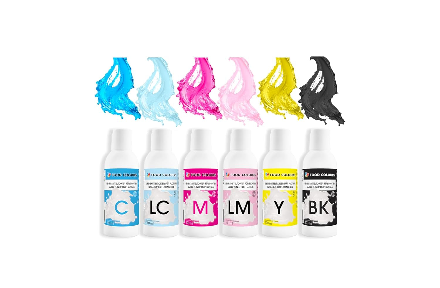 Madfarvesæt med spiselig blæk til plottere 6 x 100 ml | Lys cyan | Cyan | Lys magenta | | Magenta | Gul | Sort | Spiselig tryk, wafer papir trykning, dekorativ kage topping