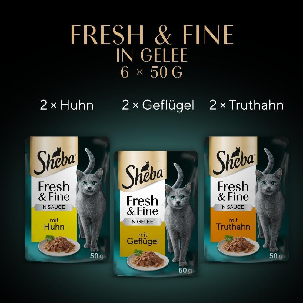 Sheba-portionsposer våd kattefoder, frisk og fin kalkun- og kyllinggelé Multipakke, 6x6x50 g - Kalkun- og kyllinggelé af høj kvalitet til kattemad