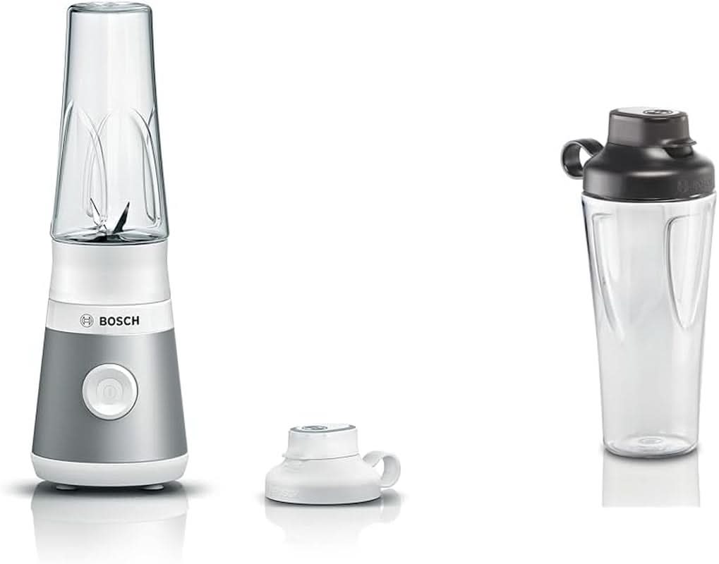 Bosch Mini-Standmixer Vitapower Serie 2 MMB2111S, Highspeed-Mixer, Bis Zu 40.000 Rpm, Tritan Togo-Flasche 0,6 L, Trinkdeckel, Bruchsicher, Spülmasch.Geeignete Teile, 450W, Silber/Schwarz Mit Kitchen Silber/Schwarz Mit Kitchen Naty Shop Weiß