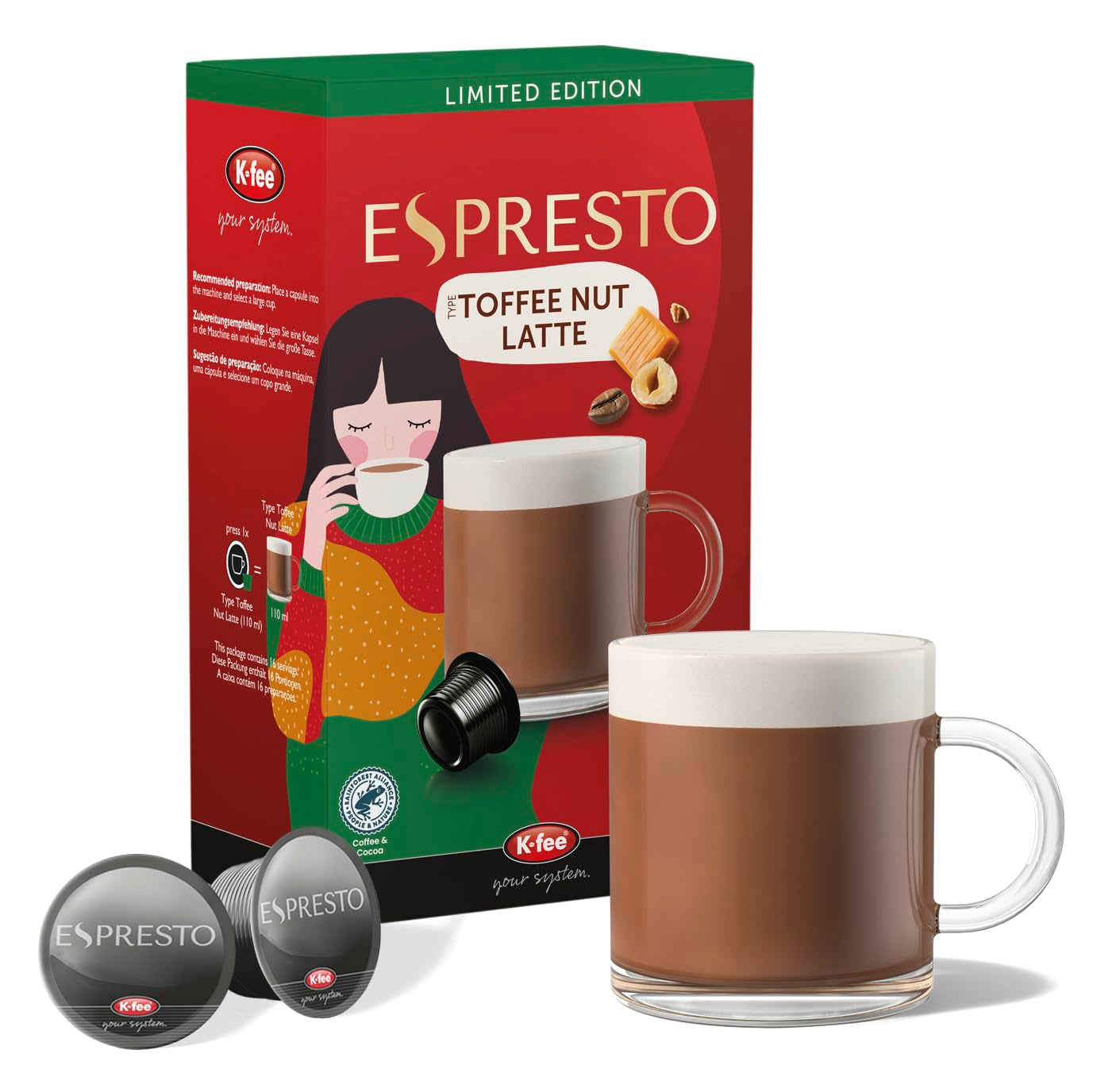 ESPRESTO Toffee Nut Latte, kompatibel med K-fee & ALDI EXPRESSI*, mælkekaffe med smag, RFA-certificeret, 96 kapsler