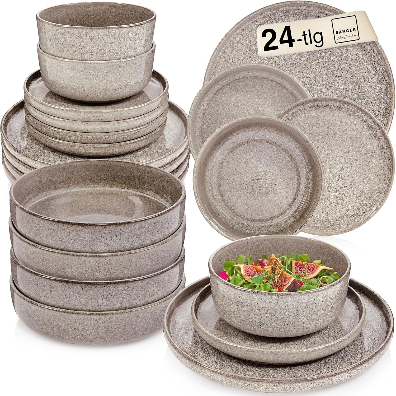 SÄNGER Cairo Clay | 24-styks porcelænssæt, stentøjsstel til 6, 6 tallerkener, 6 desserttallerkener, 6 pastaskåle, 6 serveringsskåle, gråt porcelænssæt | VÆRDIINDSAMLING