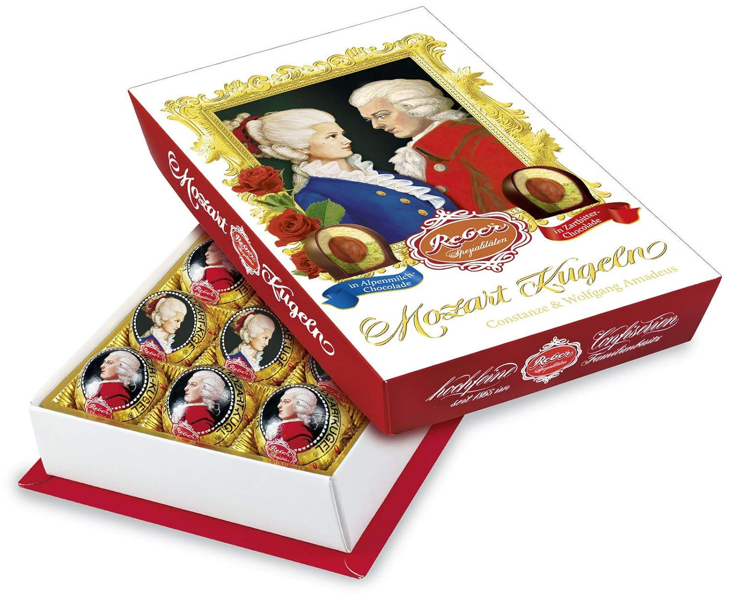 Reber Mozart kugler med mørk chokolade, pakke med 6 med marcipan og nougat, vegansk - 1 x 120 g