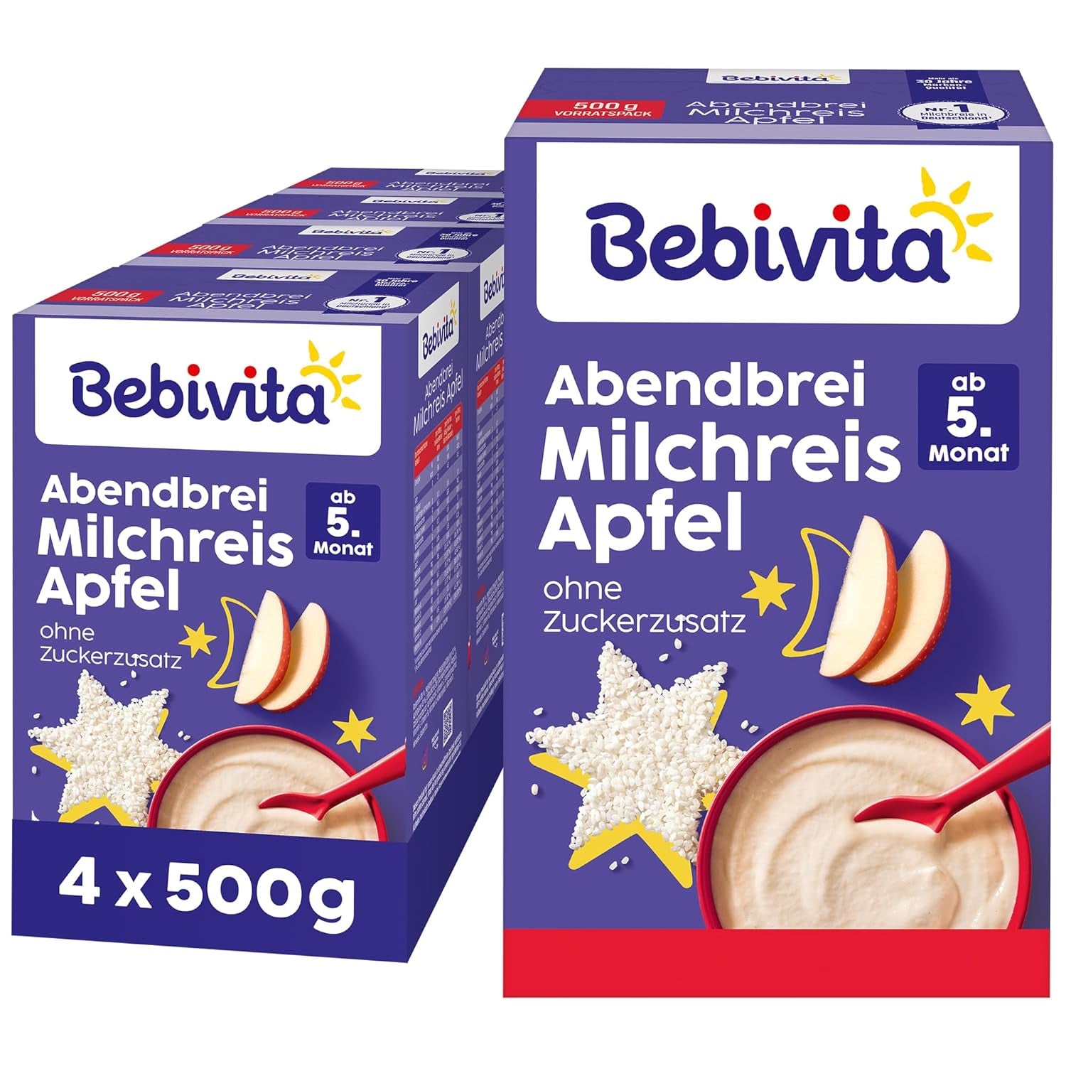 Risengrød med æbler og aftengrød (4x500g), mælkegrød fra 5 måneder, med værdifulde mineraler og vitaminer, uden tilsat sukker, meget mættende