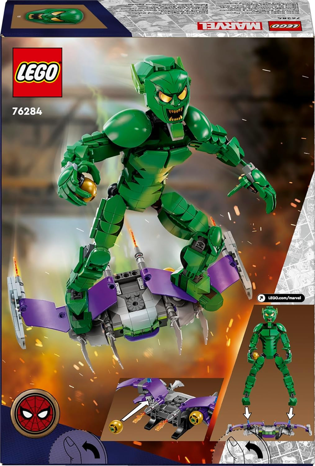LEGO Marvel Green Goblin-byggefigur, Superskurk bevægeligt byggelegetøj til børn 8+, drenge og piger, Spider-Man-univers sæt med skydere og græskarbomber, Superheltegaveidé 76284 Byggesæt Besuche den LEGO-Store