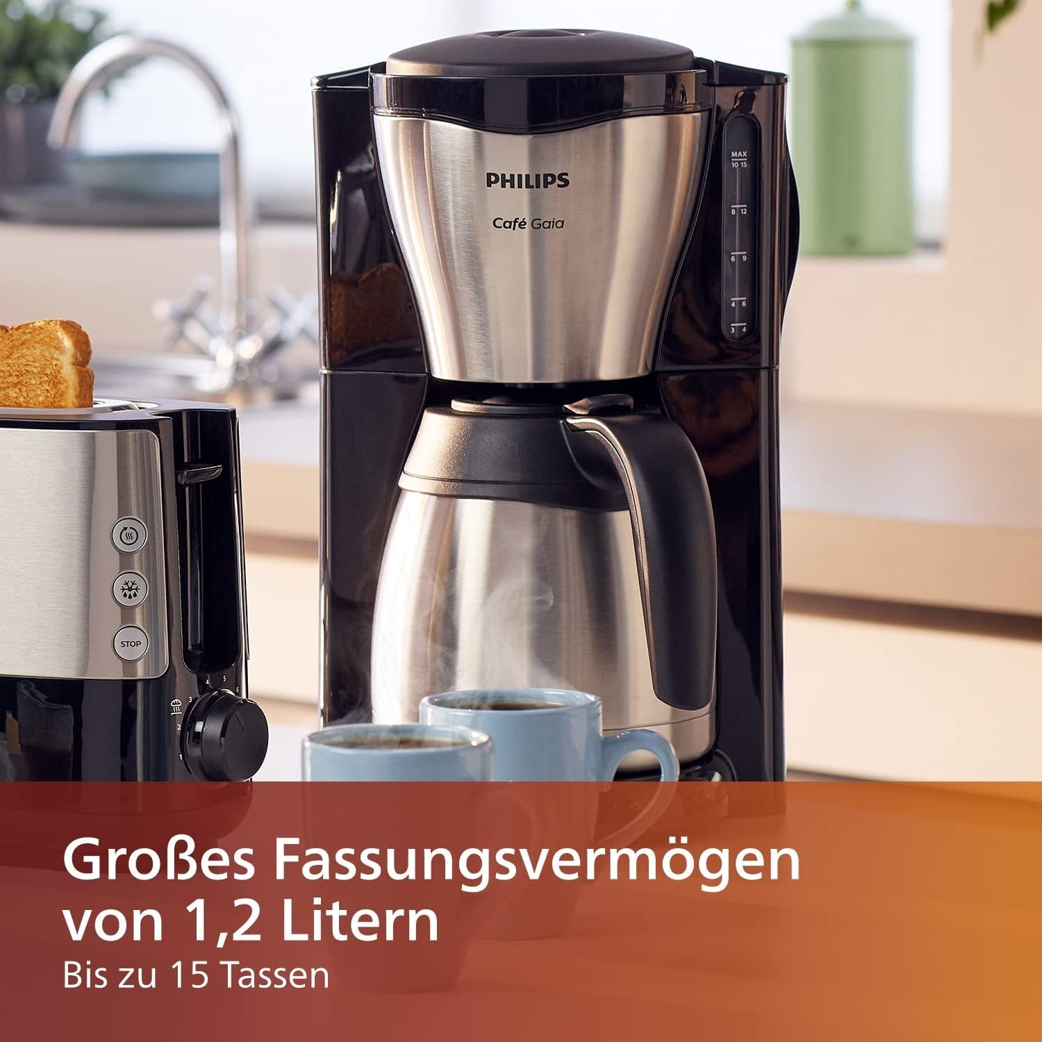 PHILIPS Café Gaia Filter Espressomaskine - Termokande i rustfrit stål, Anti-drypsystem, Intens Aroma, Auto-Off, 1300ml, Sort (HD7546/20)