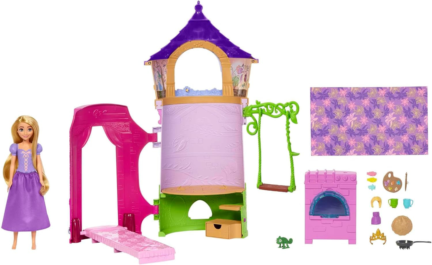 Disney Princess HMV99 - Bevægelig Rapunzel dukke og legetårn med sjov rundt omkring, 6 legeområder og 15 tilbehør, inspireret af Disney-filmen, legetøj til 3-årige dukker Naty Shop Dukker Rapunzel's Tower