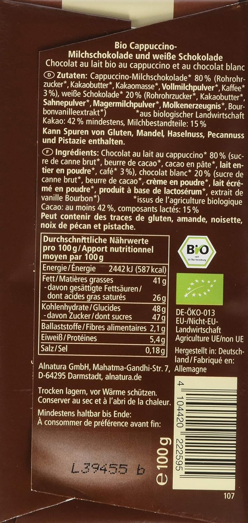 Økologisk chokolade fyldt med cappuccino, 100g