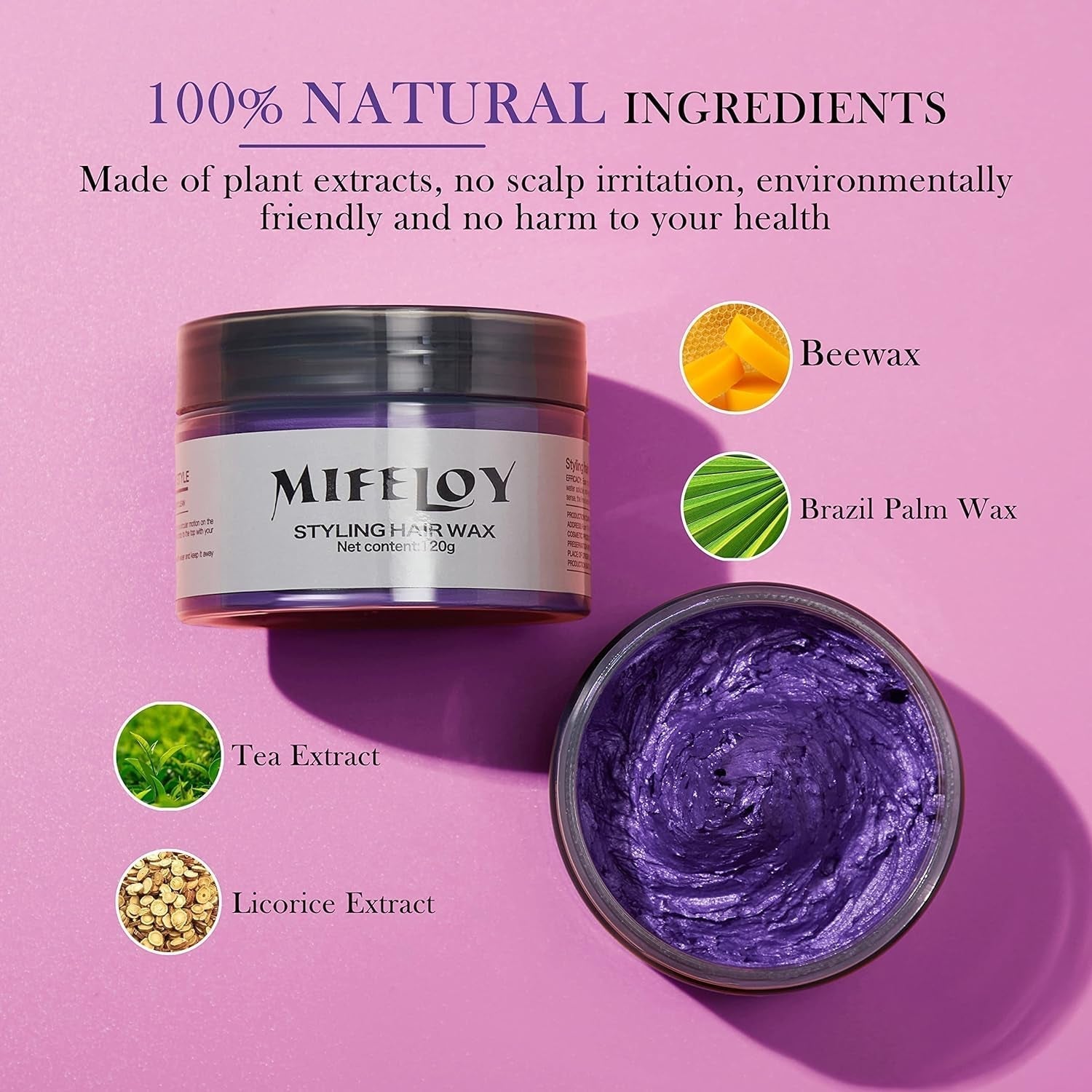 4,23 oz Lilla hårfarve Midlertidig hårfarve med børster, mænd Kvinder Styling Hårtone Voks, Øjeblikkelig hårcreme Mudder Naturlig frisure Pomade, DIY Cosplay Halloween Hårvoks Hårfarve Naty Shop