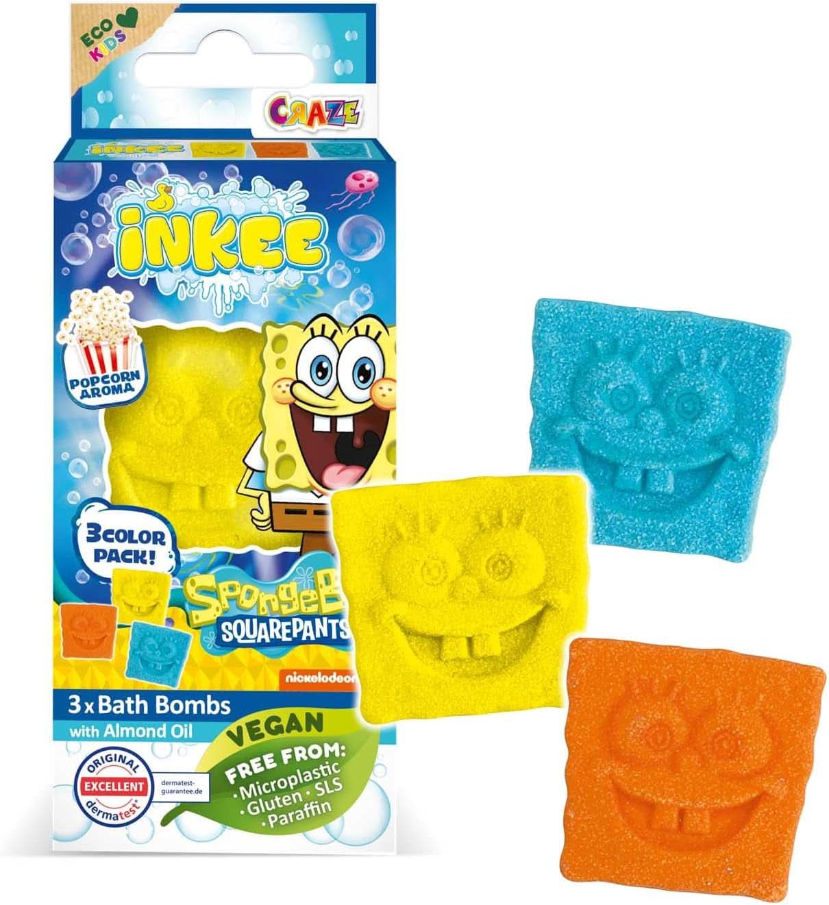 INKEE SpongeBob Surprise Kids Badebomb SvampeBob Firkant Samleobjekt 80 Grams Naty Shop Sæt med 3 SpongeBob Badebomber