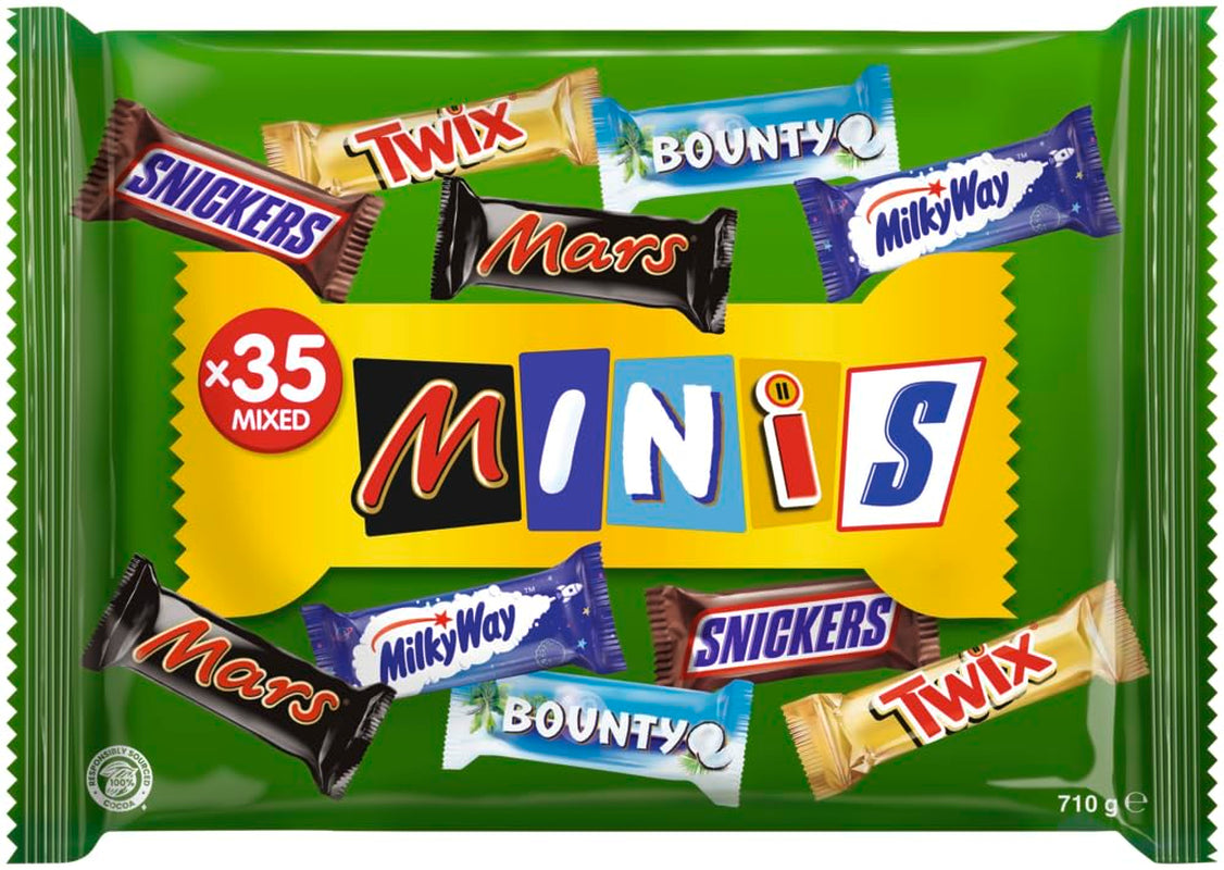 Miniblandet chokoladepakke, chokolade, 35 minichokoladesnacks (Mars, Snickers, Bounty, Twix, Mælkevejen) som slik, chokoladegave, slikæske (710 g)