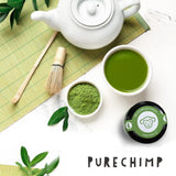 Purechimp Matcha-pulver af ceremoniel kvalitet 50 g. 100% ren skyggedyrket tepulver til lattes, infusioner og opskrifter. Genanvendelig krukke. Rig på antioxidanter.