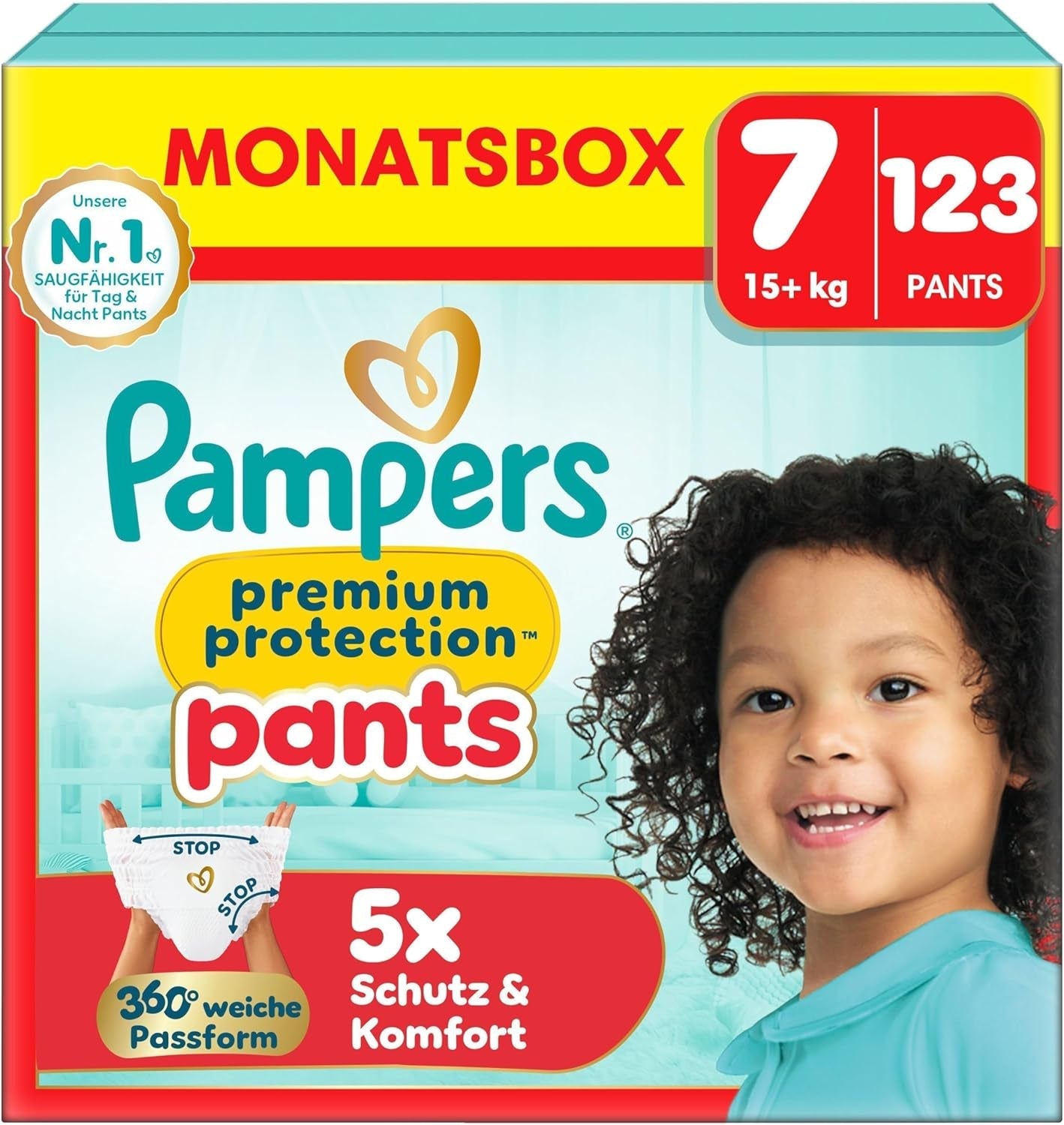 Pampers Premium Protection Pants str. 5, 144 bleer, 11 kg - 17 kg, med 360° justering og bløde anti-lækage manchetter for optimal komfort og beskyttelse
