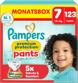 Pampers Premium Protection Pants str. 5, 144 bleer, 11 kg - 17 kg, med 360° justering og bløde anti-lækage manchetter for optimal komfort og beskyttelse