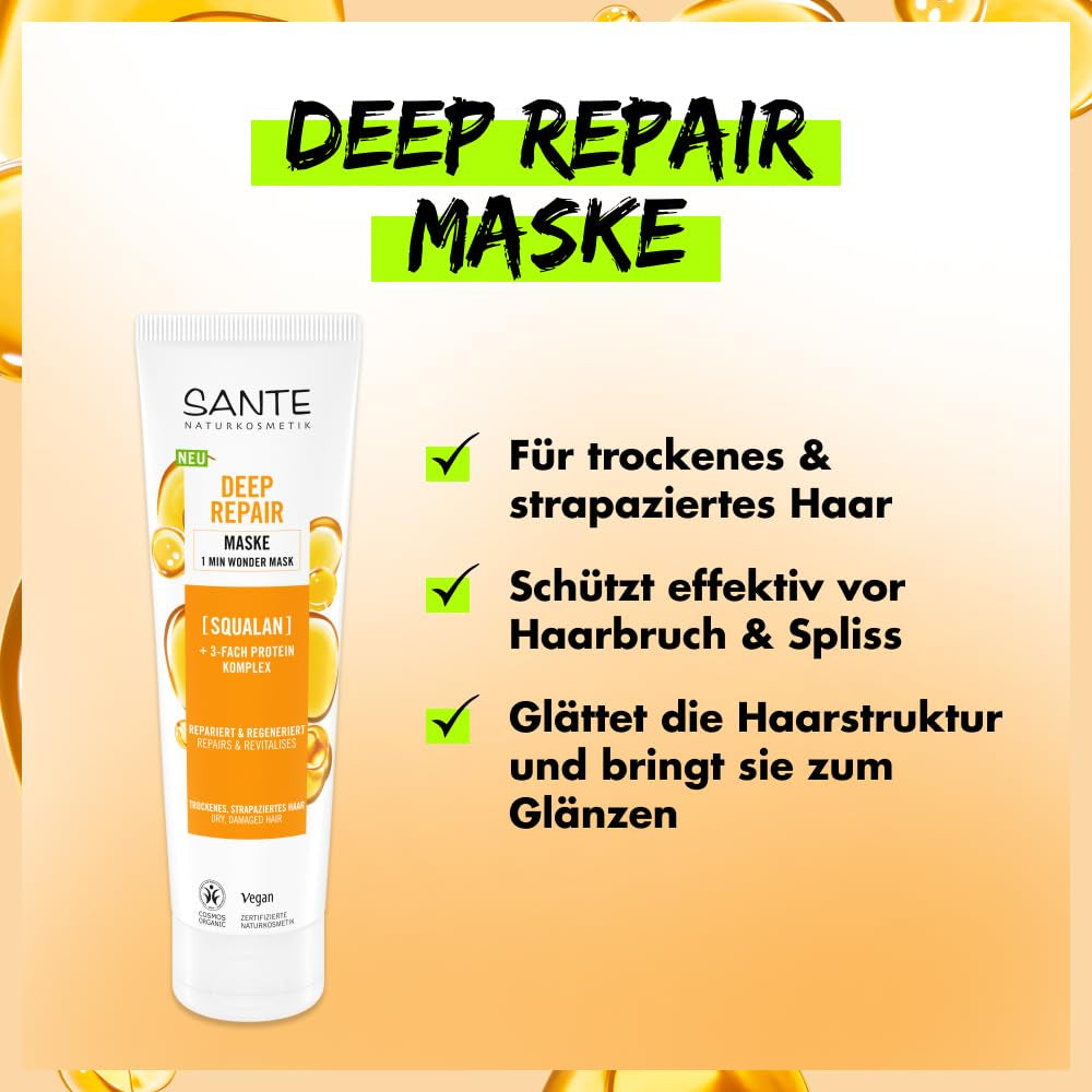 SANTE Natural Cosmetics Deep Repair Mask Squalane + 3x proteinkompleks, vegansk hårmaske til intens hydrering og fleksibelt hår, reparerer og regenererer beskadiget hår, 150 ml Naty Shop Hair Mask