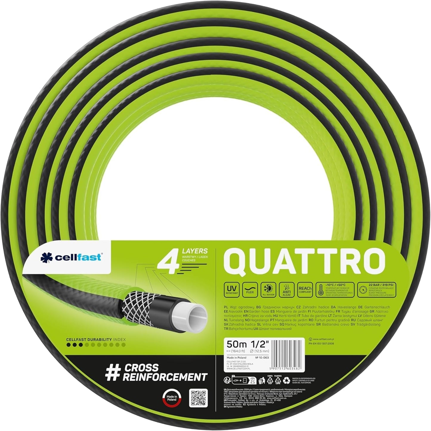 Cellfast QUATTRO Haveslange Holdbar Letvægts 4-lags UV-resistent trådslange Krydsfletning 20 Bar 3/4" 15m 10-074