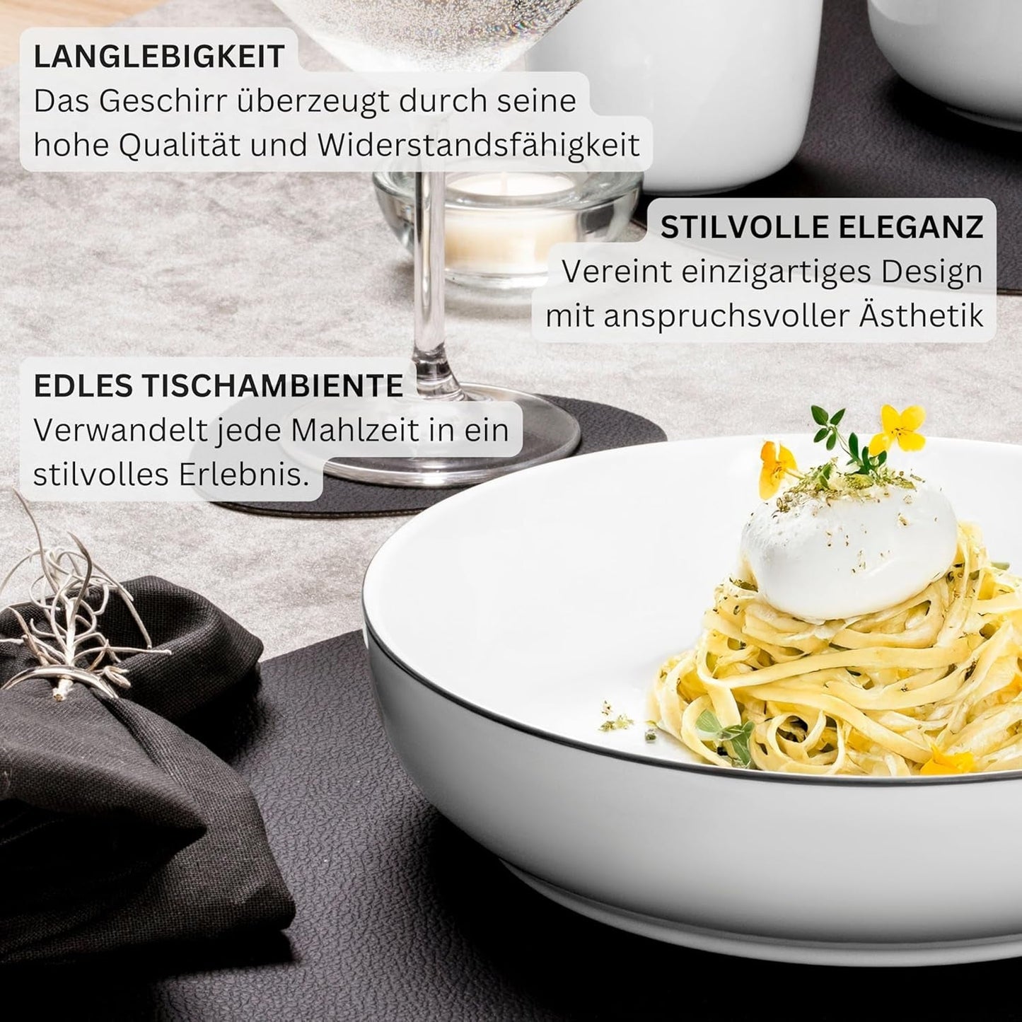 SANGER | Marlo sort og hvid kant servisesæt, 18 dele porcelænsstel til 6, hvid med sorte accenter, middagstallerkener, desserttallerkener og skåle, moderne design | PREMIUM KOLLEKTIONEN
